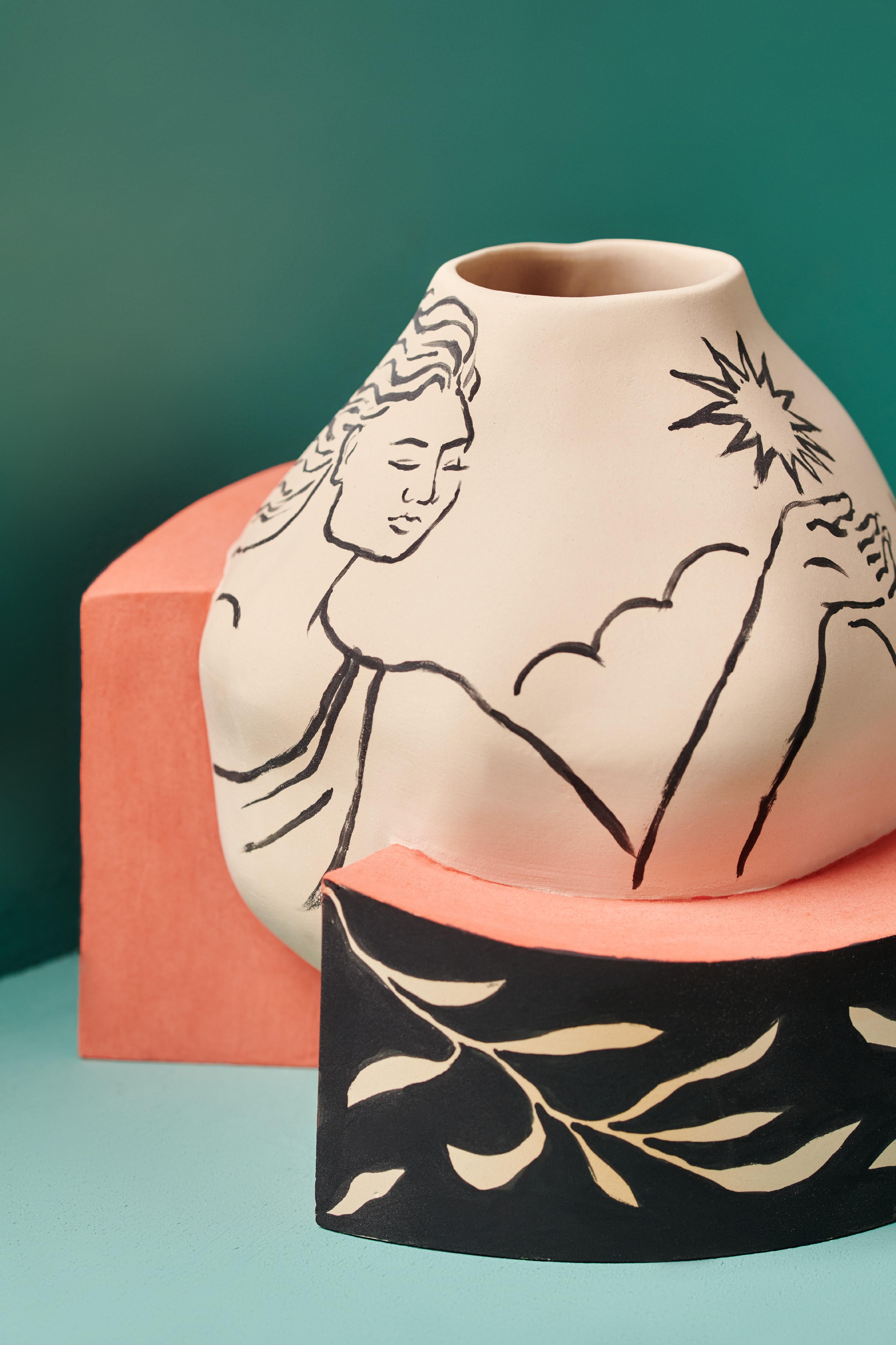 Modern Hand Painted Ataraxia Vase in Ceramic  For Sale