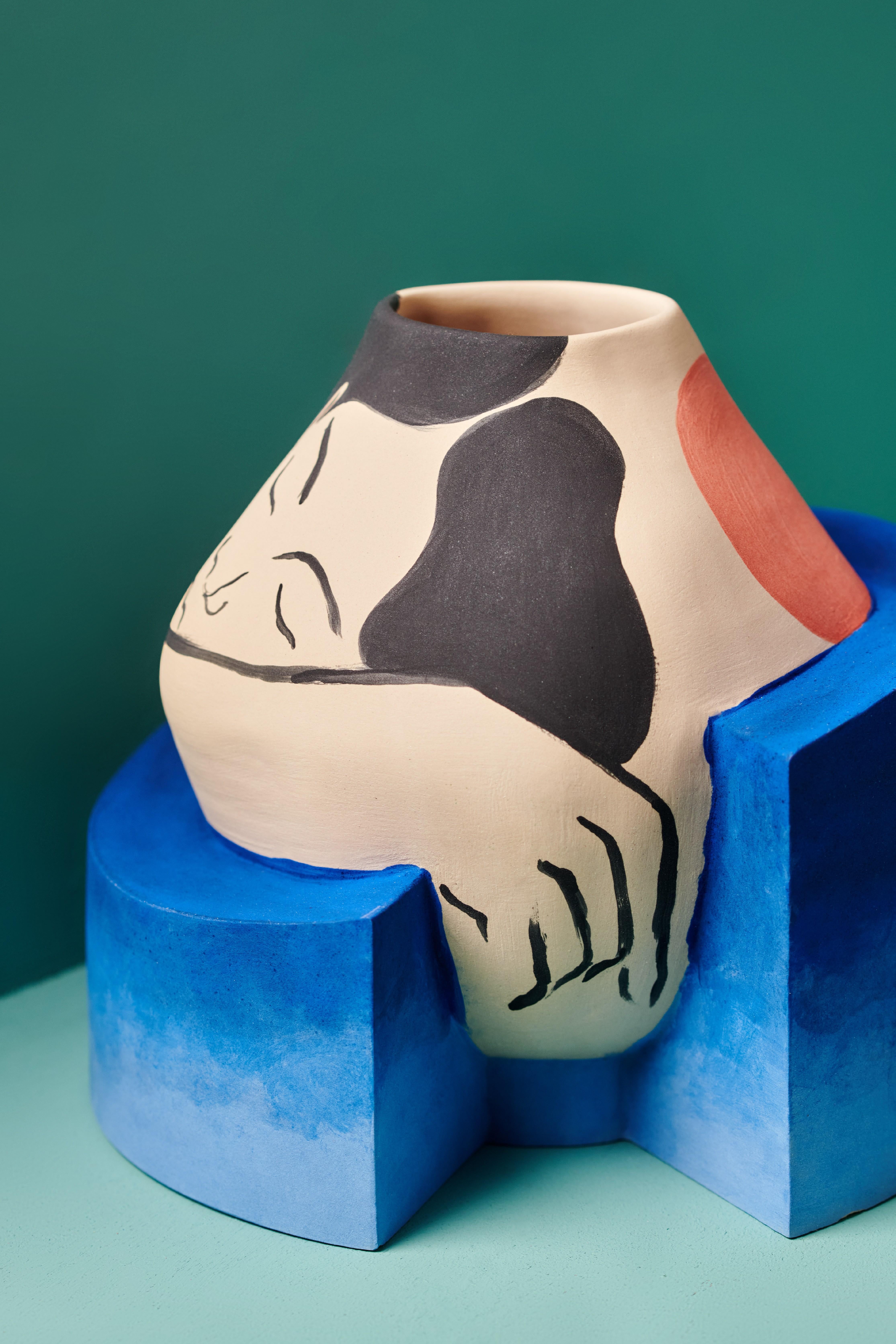 Modern Hand Painted Ataraxia Vase in Ceramic  For Sale