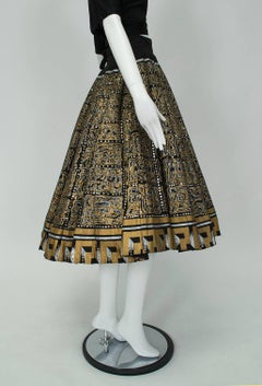 Hand Painted Black and Gold Aztec Mexican Circle Skirt - Jácome Estate, 1950s