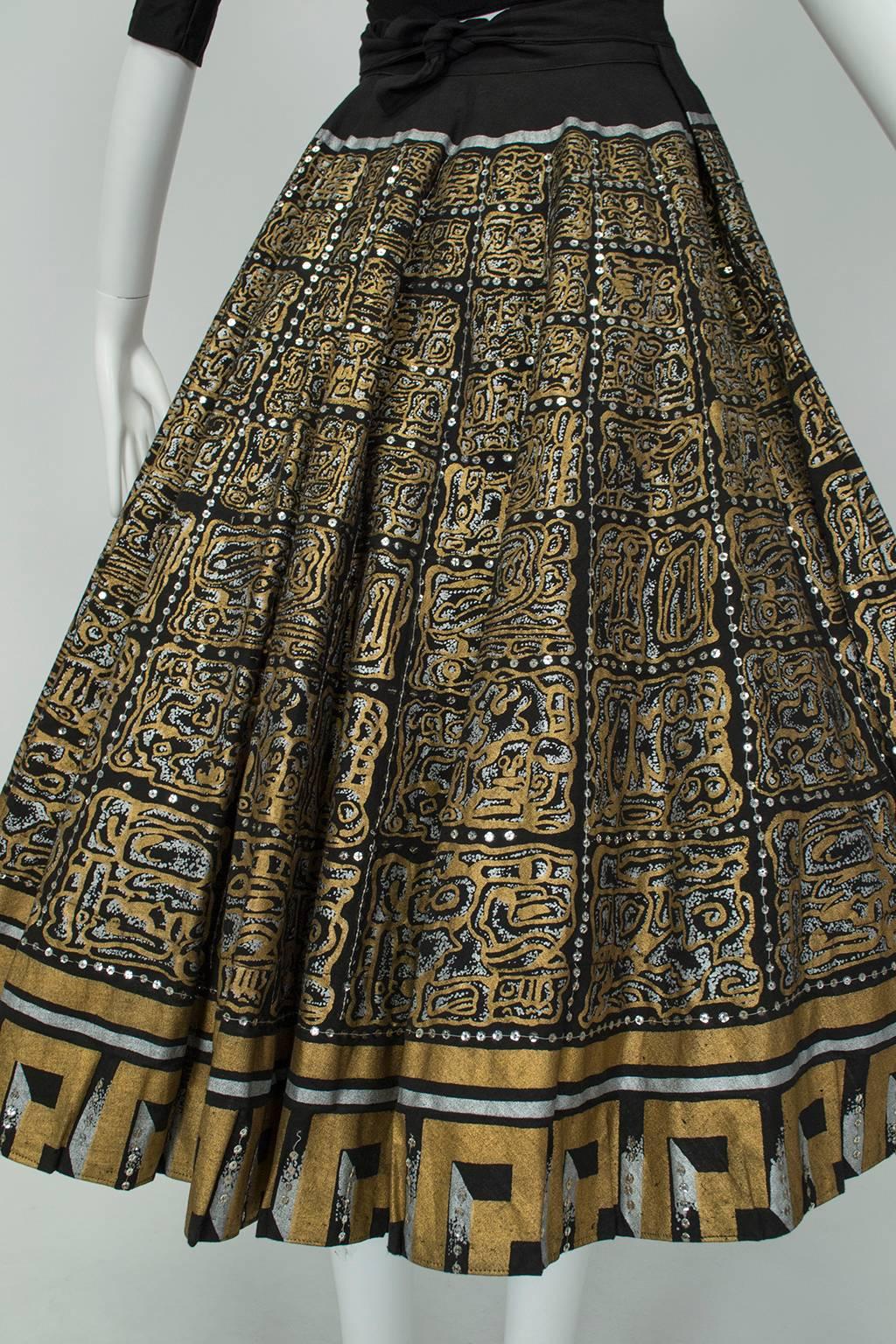 Women's Hand Painted Black and Gold Aztec Mexican Circle Skirt - Jácome Estate, 1950s