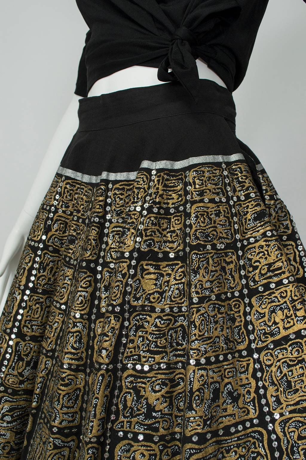 Hand Painted Black and Gold Aztec Mexican Circle Skirt - Jácome Estate, 1950s 1