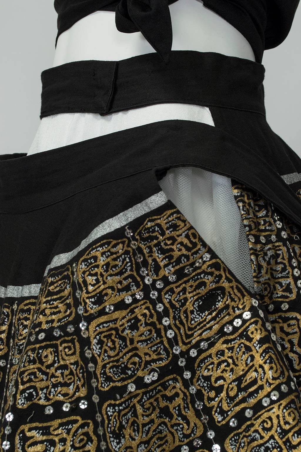 Hand Painted Black and Gold Aztec Mexican Circle Skirt - Jácome Estate, 1950s 4