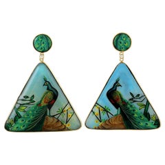 Hand Painted Bakelite Dangle Earrings With Diamonds 40 Carats 18K Gold