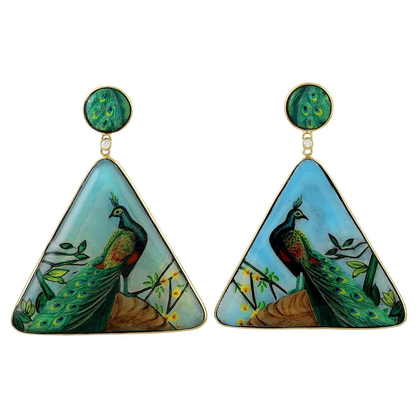 Hand Painted Bakelite Dangle Earrings With Diamonds 40 Carats 18K Gold For Sale