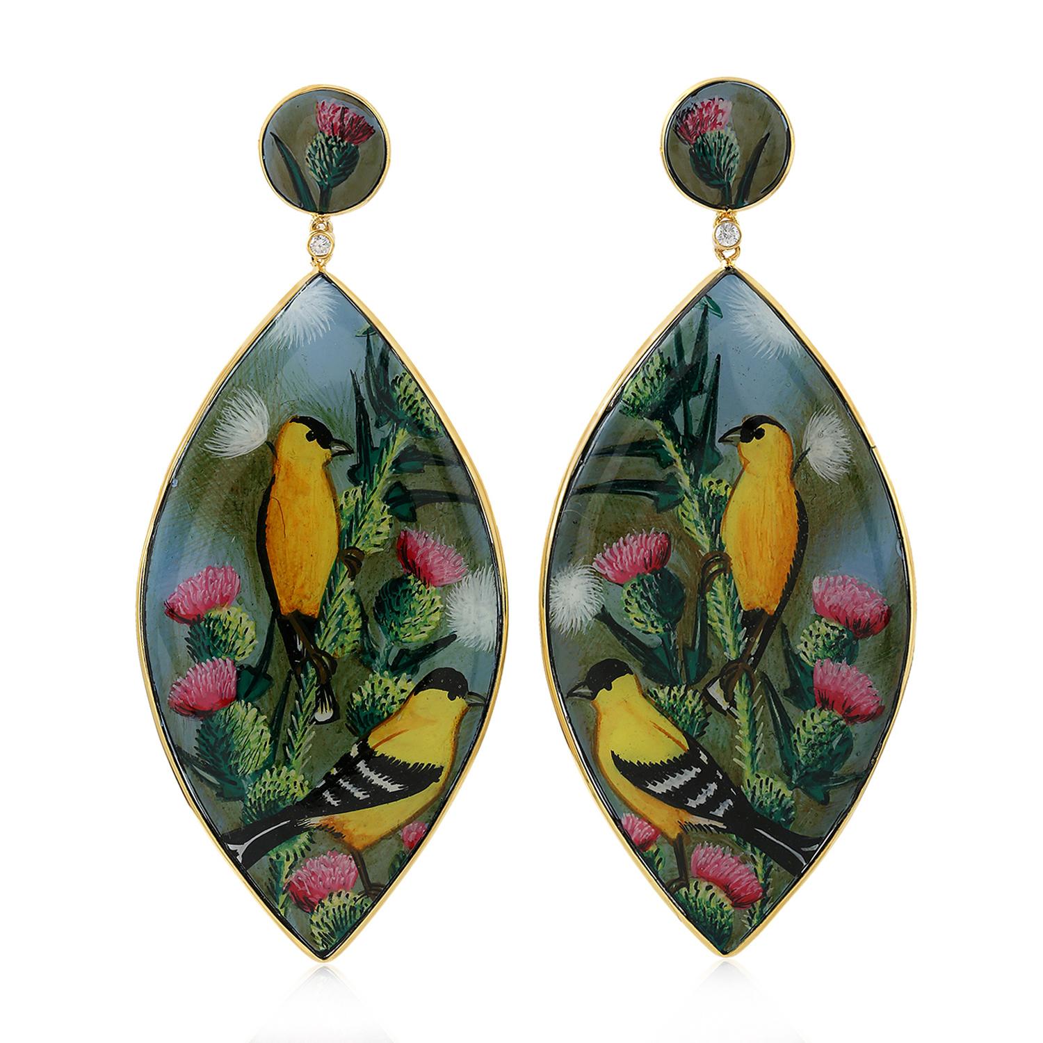 Round Cut Hand Painted Bakelite Enamel Earrings Made in 18k Gold with Diamonds For Sale