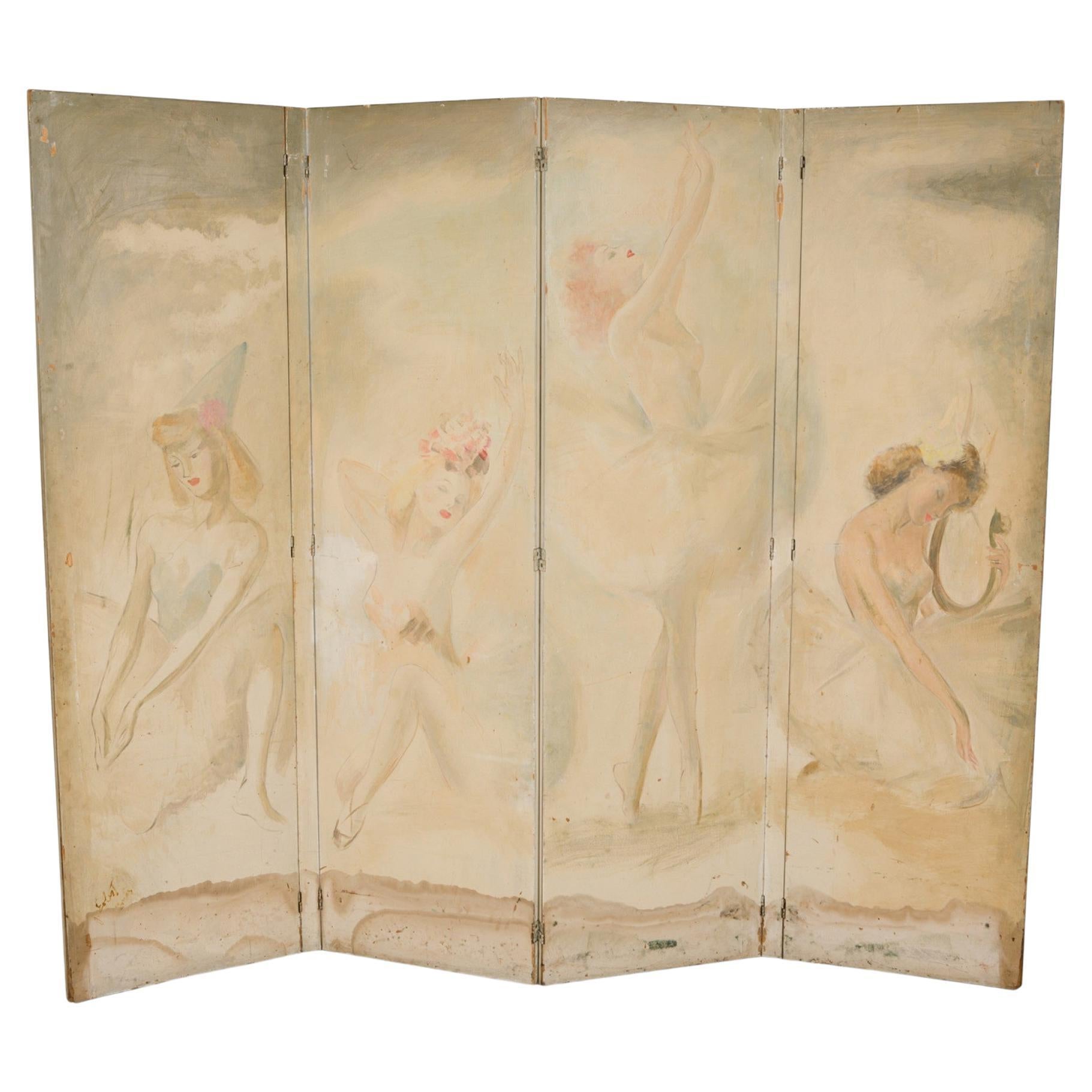 Hand Painted Ballet Scene 4-Panel Standing Screen For Sale