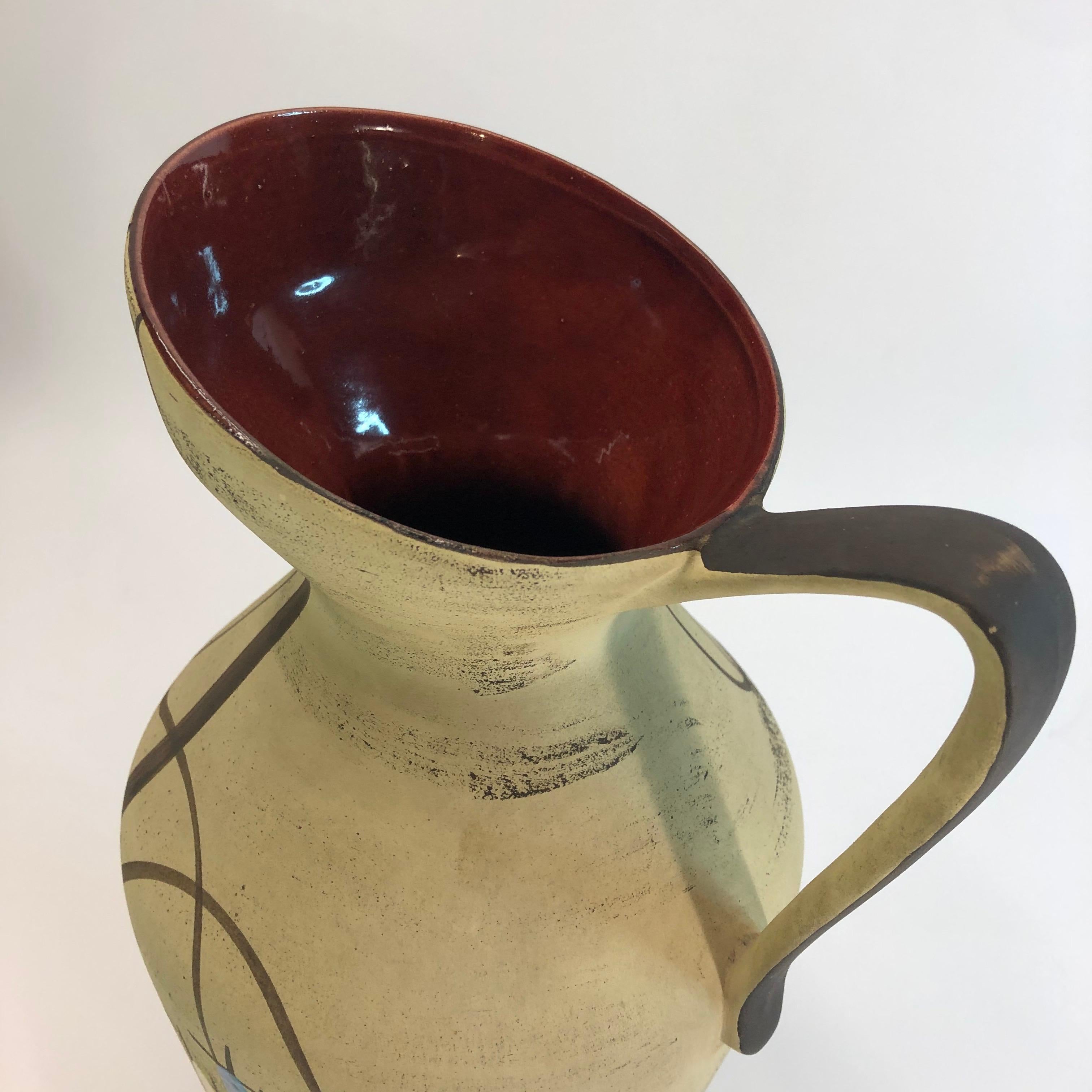 Glazed Hand Painted Bay Ceramic Pitcher/Vase, West-Germany by Bodo Mans, 1950 For Sale