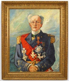Hand-Painted Biedermeier Admiral Portrait, Late 20th Century