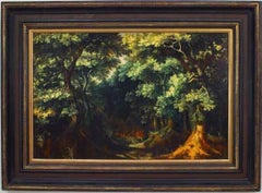 Paysage boisé de style Biedermeier peint à la main, fin du XXe siècle