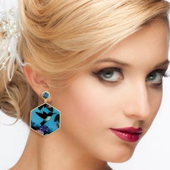 Hand Painted Bird Bakelite Earring in 18k Yellow Gold