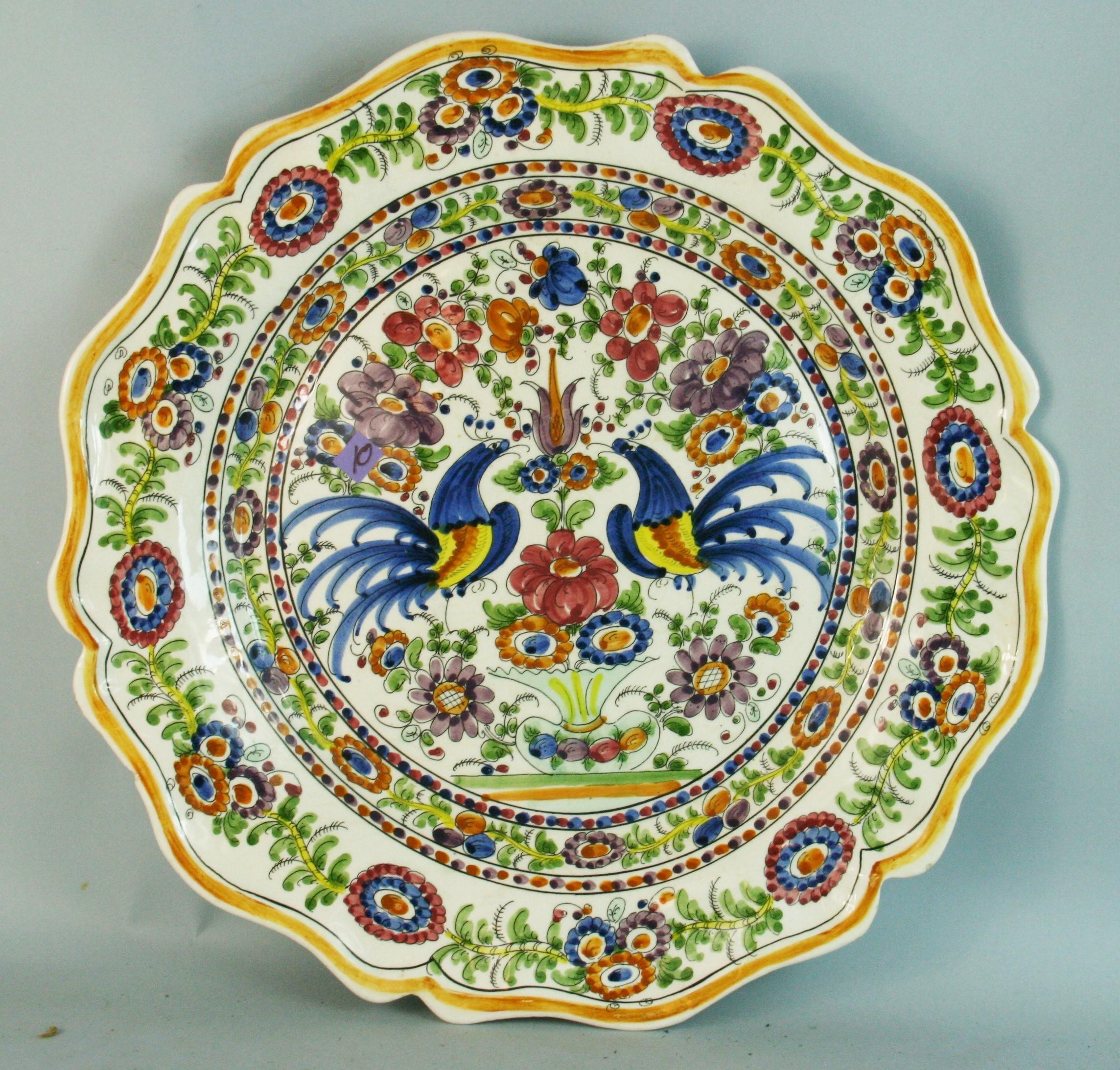 1502. Hand painted porcelain platter with colorful birds and flowers