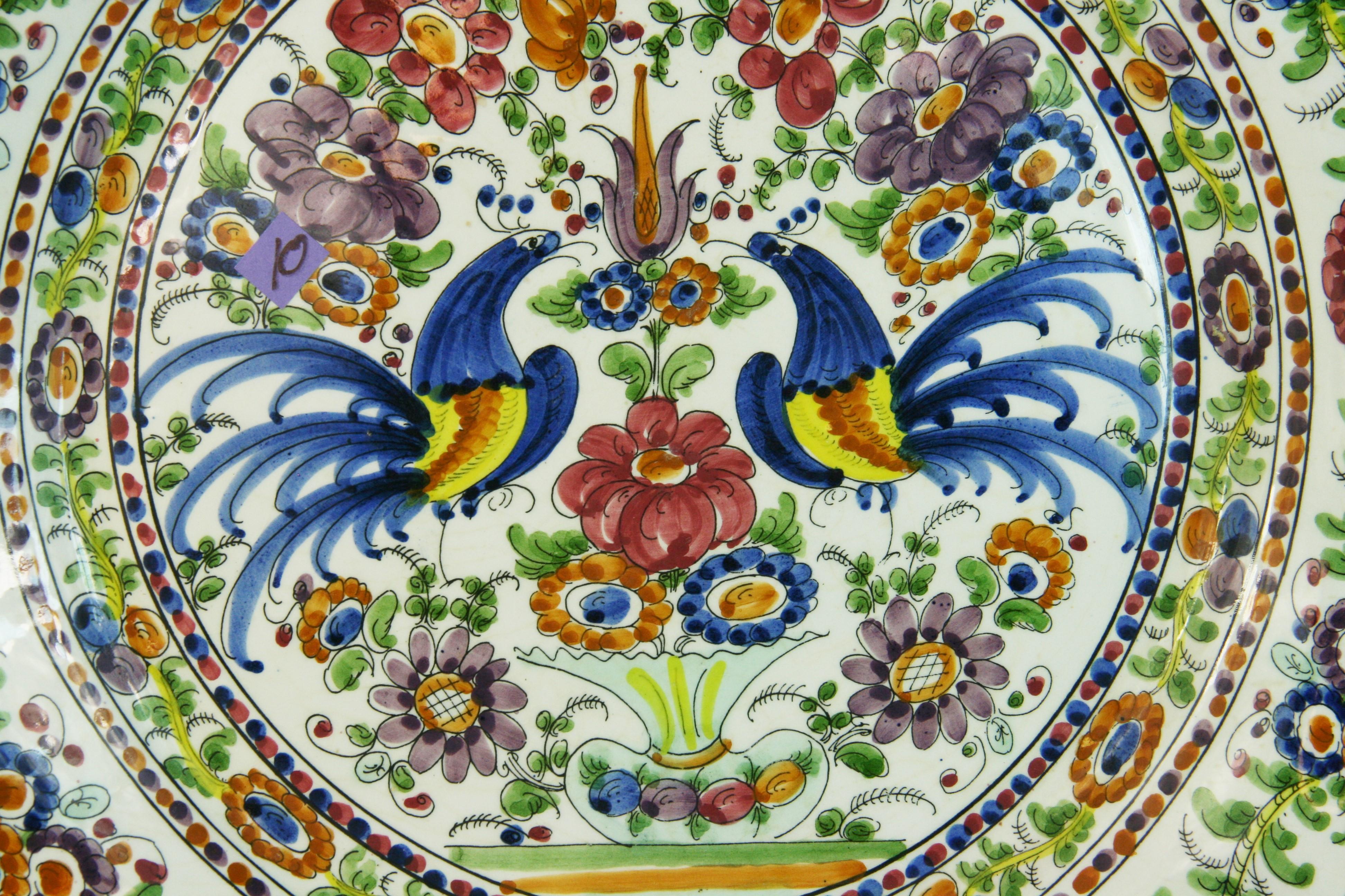 Hand Painted Birds and Flower Platter In Good Condition For Sale In Douglas Manor, NY