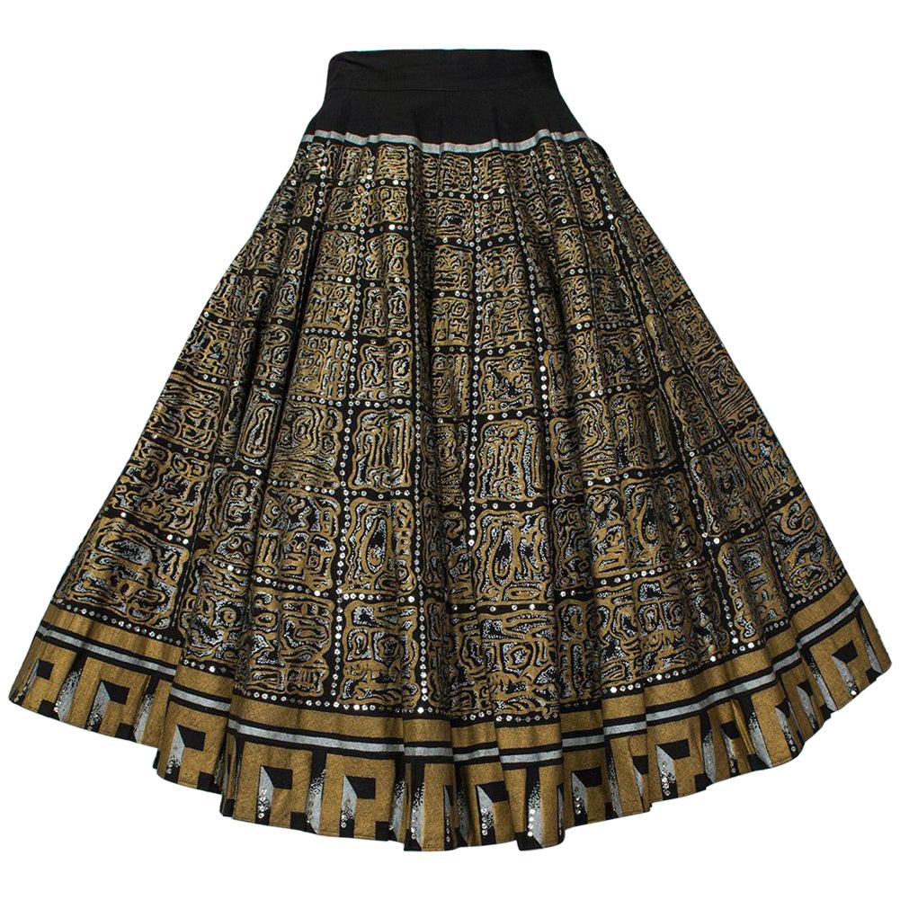 Hand Painted Black and Gold Aztec Mexican Circle Skirt - Jácome Estate, 1950s