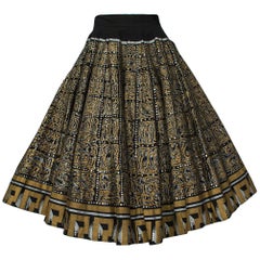 Retro Hand Painted Black and Gold Aztec Mexican Circle Skirt - Jácome Estate, 1950s