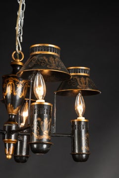 Hand Painted Black and Gold French Tole Chandelier with Light Shades