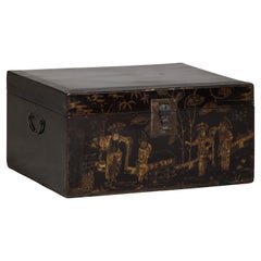 Hand-Painted Black and Gold Lacquer Trunk with Court Scene, Late Qing Dynasty