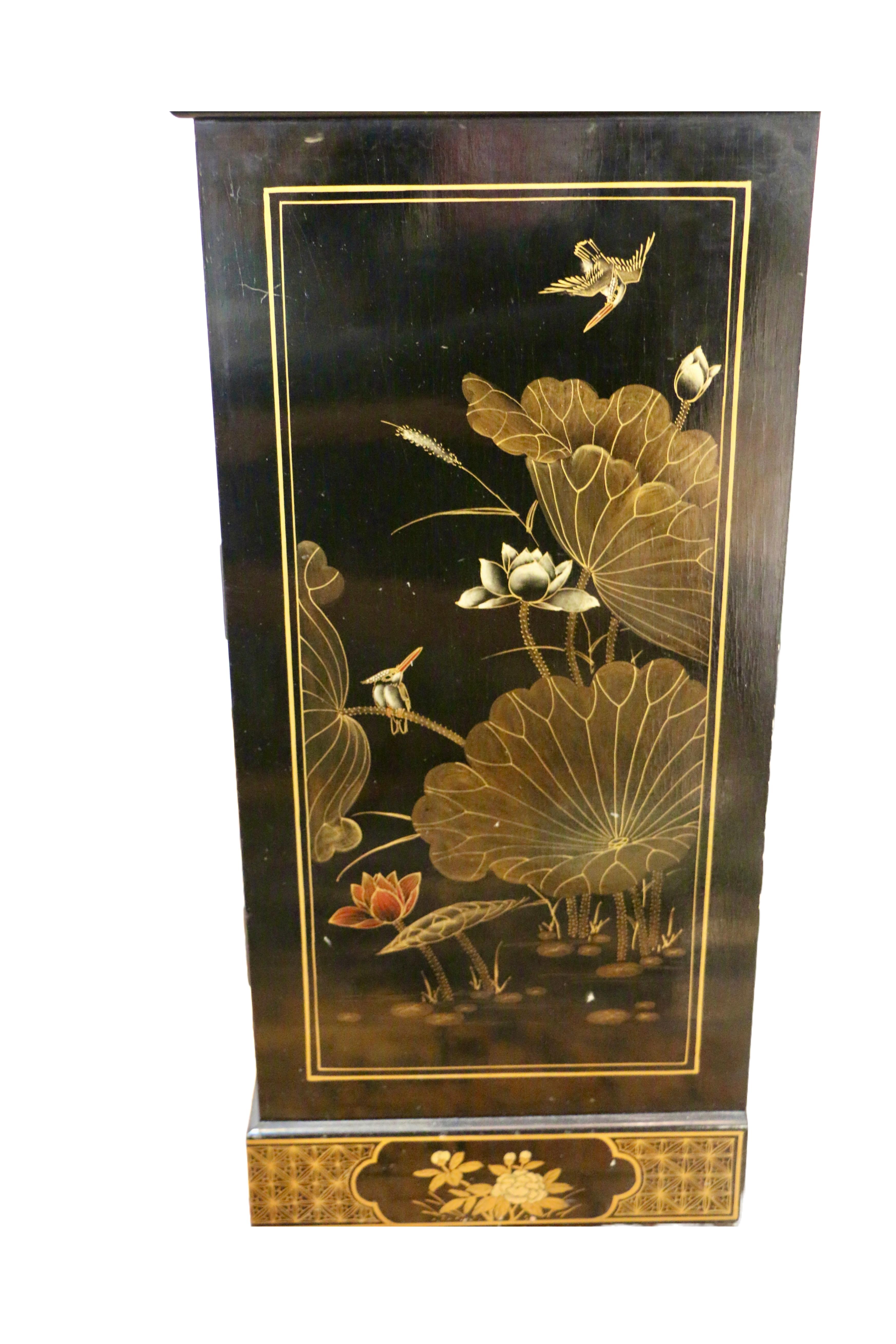 Brass Hand Painted Black Chinoiserie Credenza with Decorations