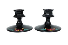 Hand Painted Black Glass Candlestick Holders - a Pair