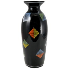 Vintage Hand Painted Black Glass Vase by VEB Kunstglas Arnstadt, 1960s