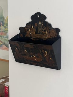 Hand-Painted Black Lacquer Wall Pocket, Japanese, Meiji Period