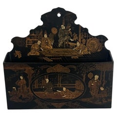 Hand-Painted Black Lacquer Wall Pocket, Japanese, Meiji Period