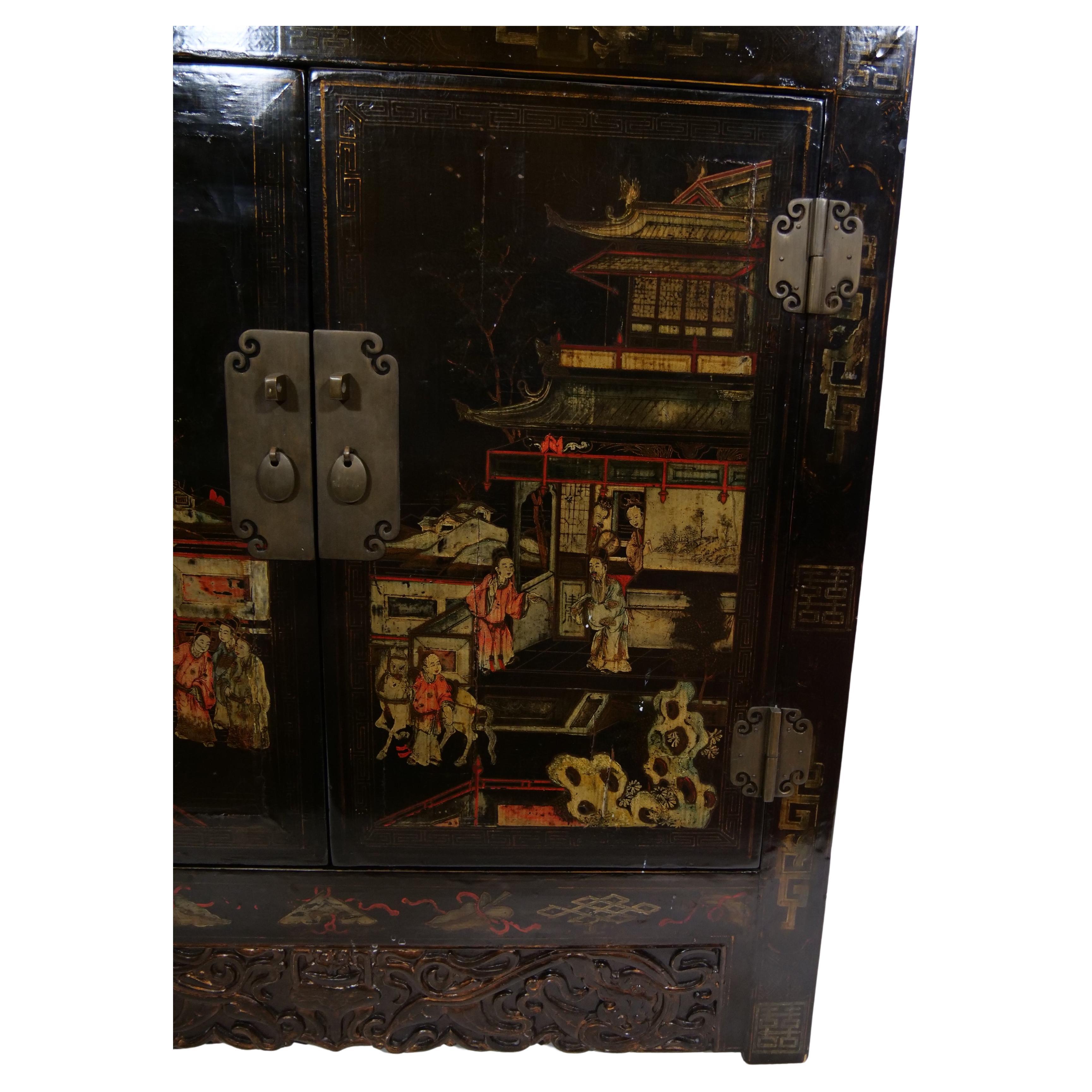 Hand Painted Black Lacquered Two Piece Cabinet For Sale 3