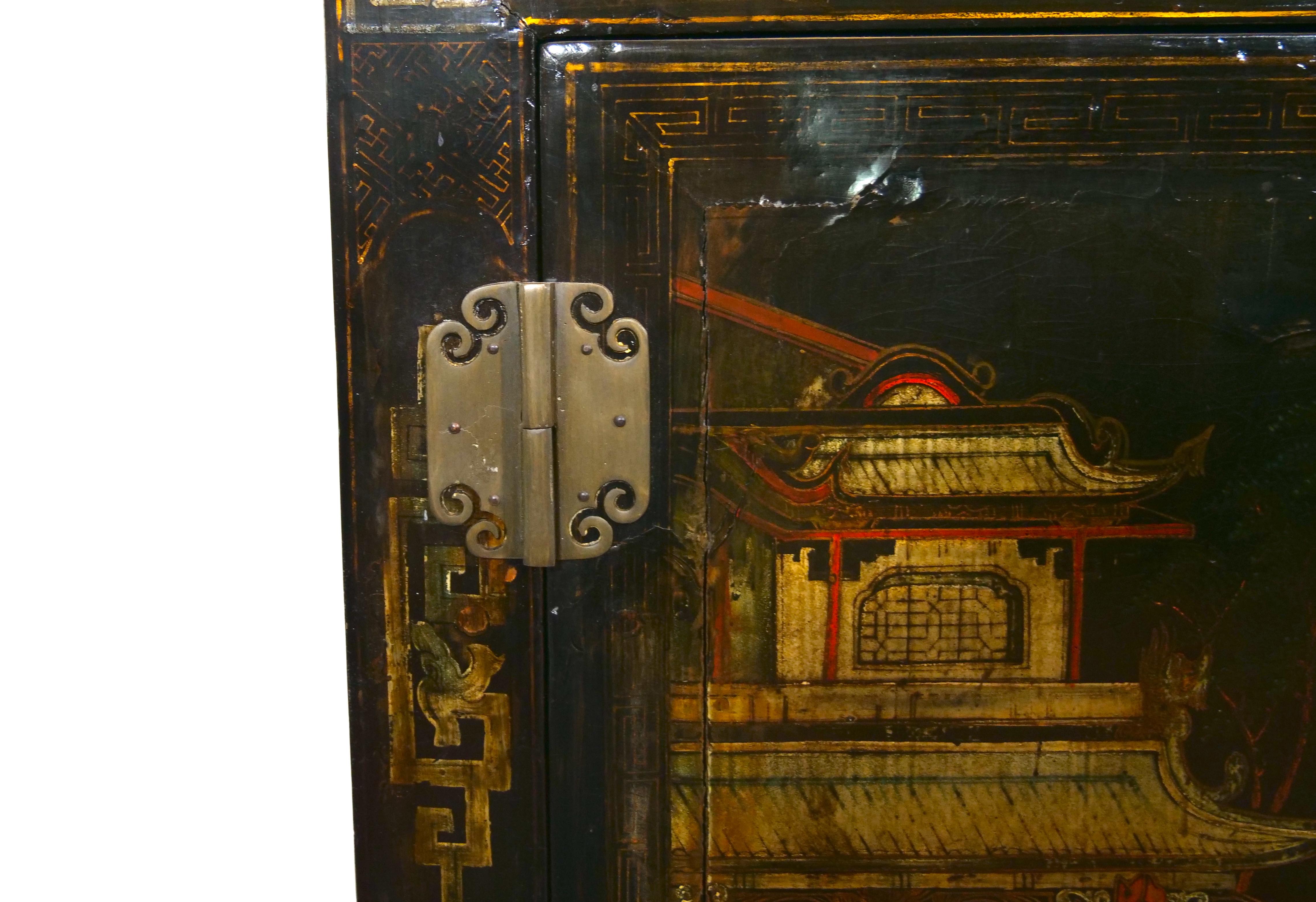 Hand Painted Black Lacquered Two Piece Cabinet For Sale 6
