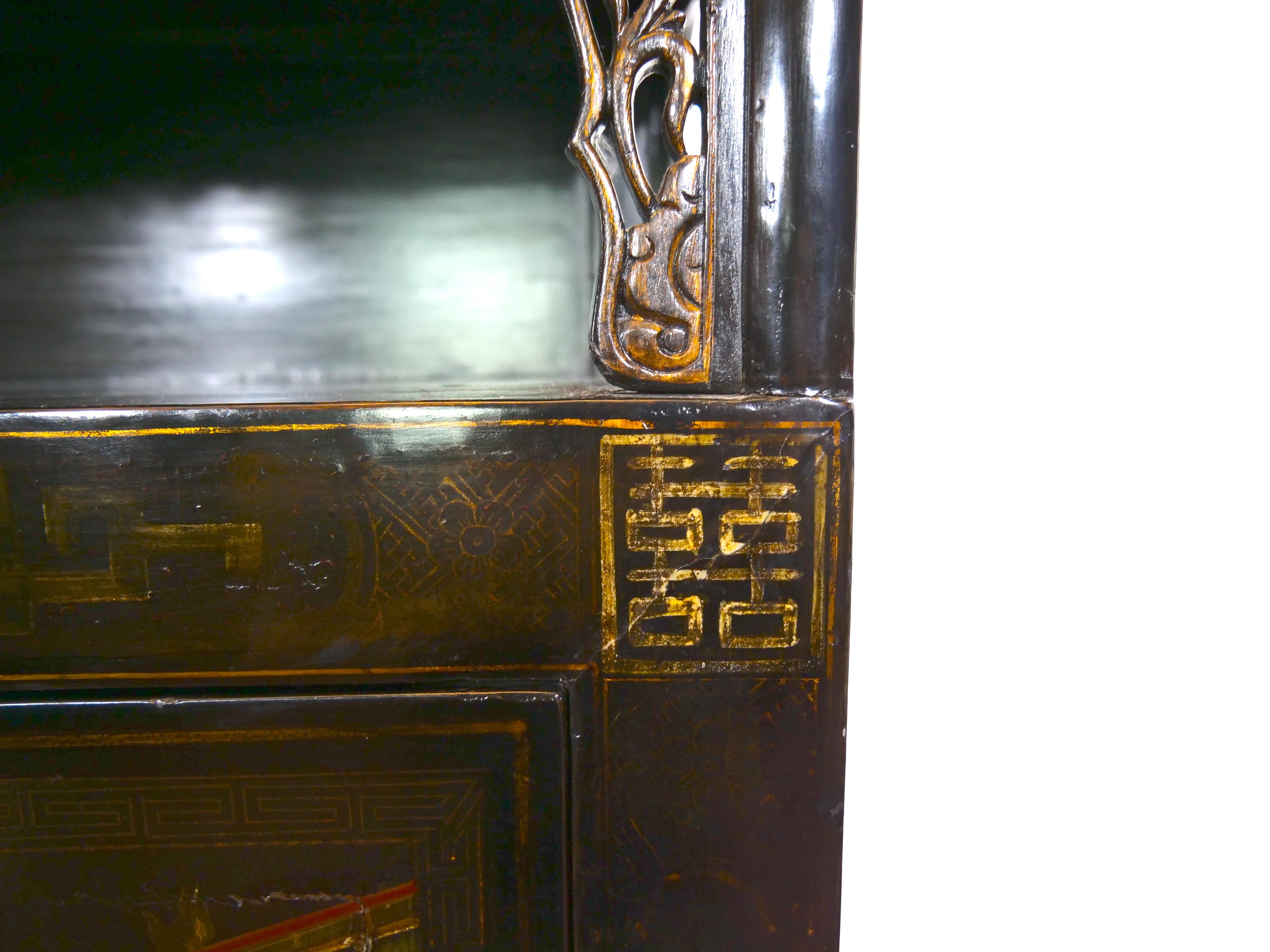 Hand Painted Black Lacquered Two Piece Cabinet For Sale 8