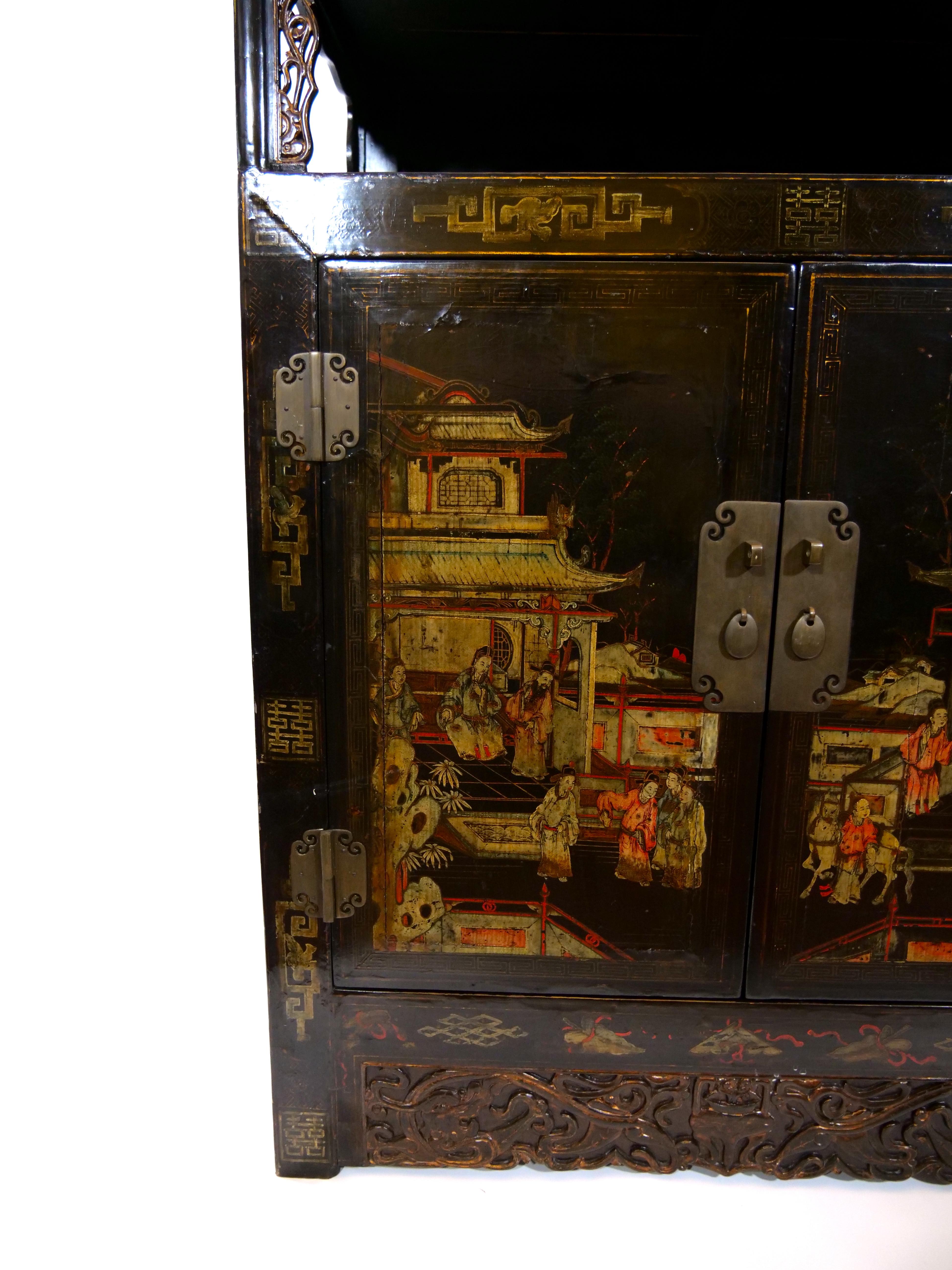 Hand Painted Black Lacquered Two Piece Cabinet For Sale 10