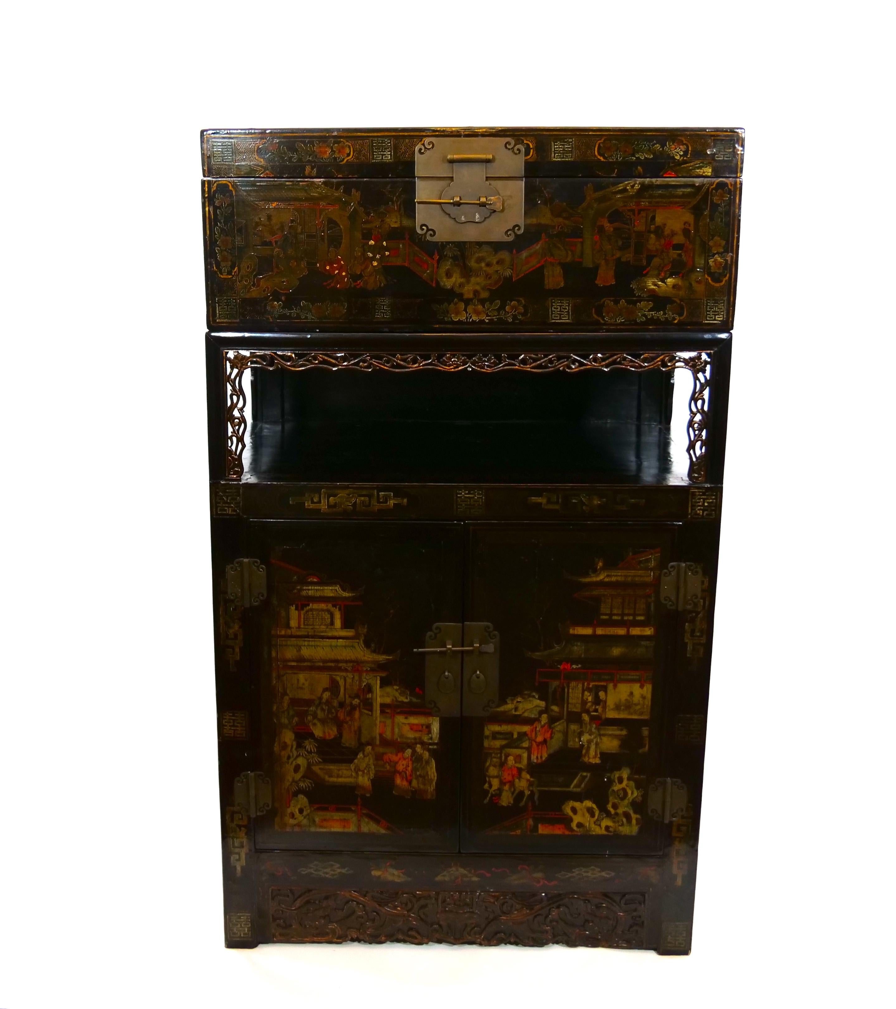 Hand Painted Black Lacquered Two Piece Cabinet For Sale 12