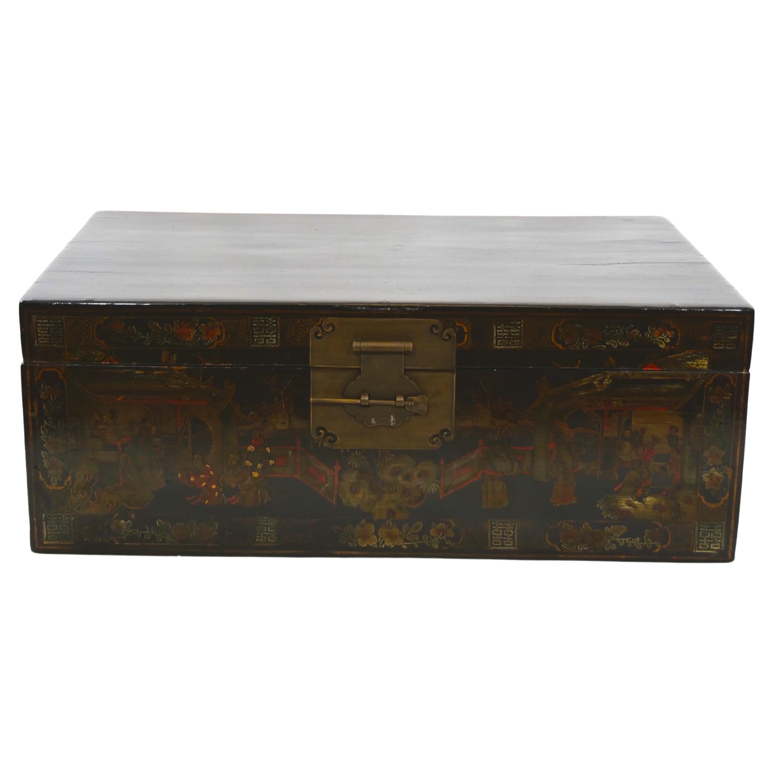 Chinoiserie Hand Painted Black Lacquered Two Piece Cabinet For Sale