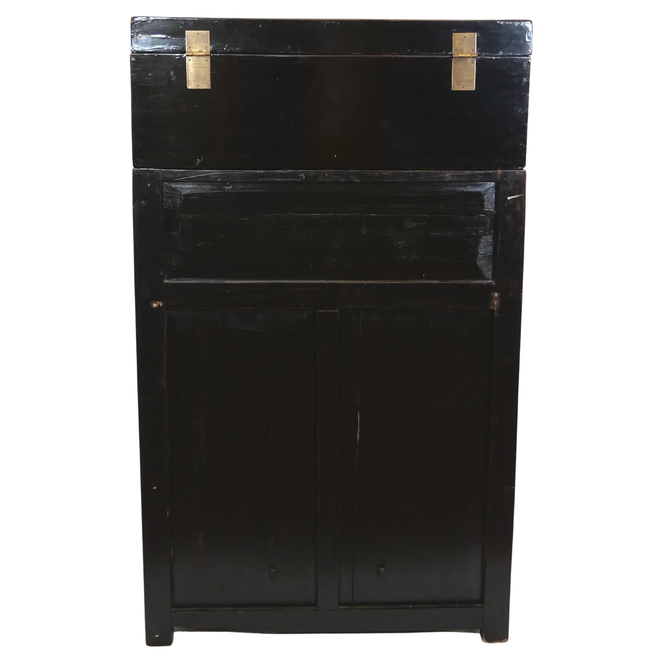 Asian Hand Painted Black Lacquered Two Piece Cabinet For Sale