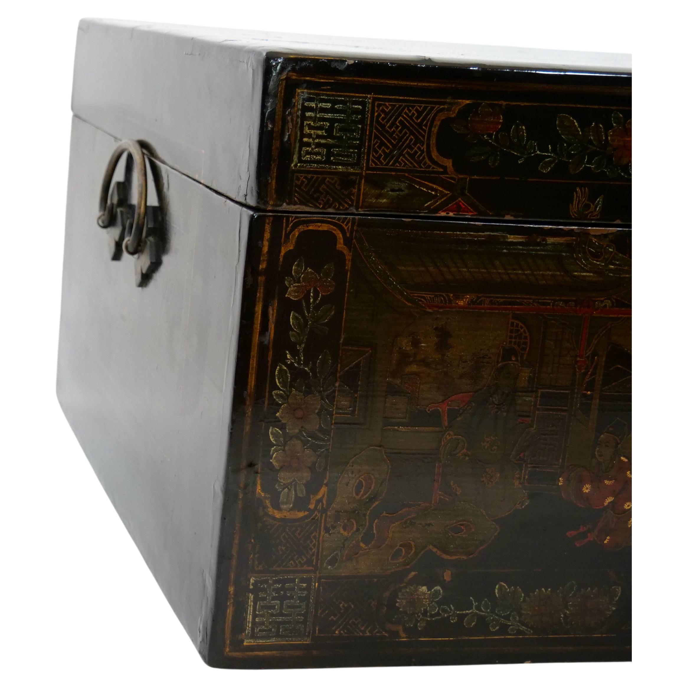Early 20th Century Hand Painted Black Lacquered Two Piece Cabinet For Sale