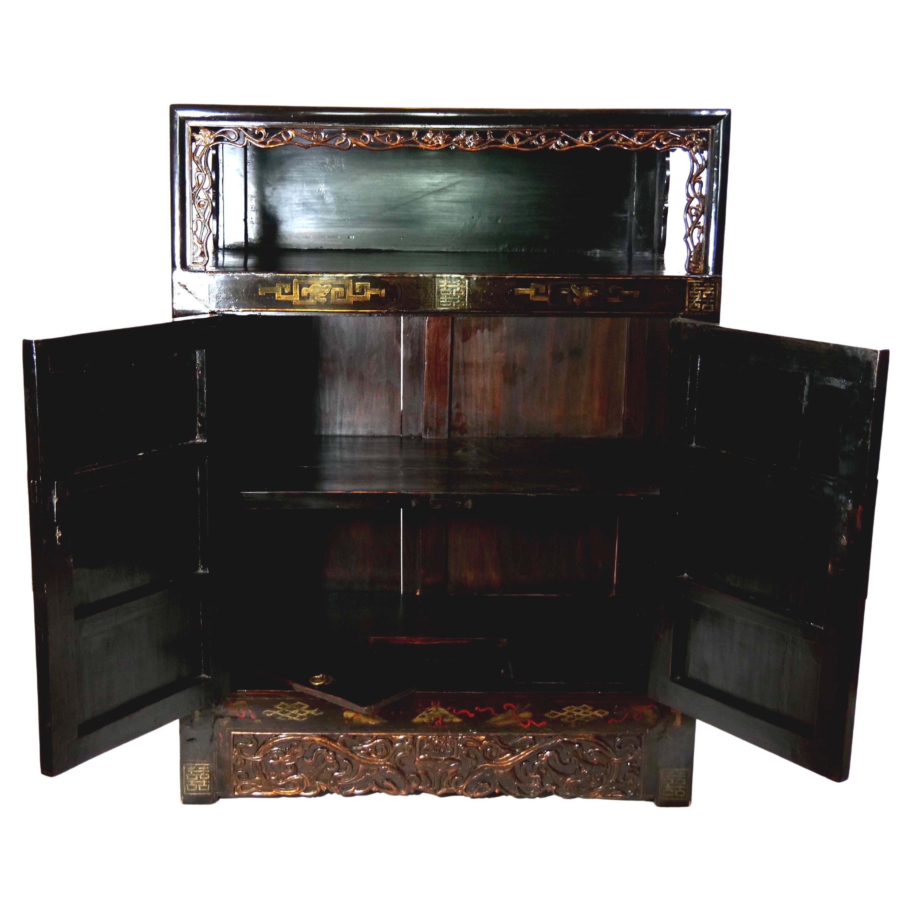 Hand Painted Black Lacquered Two Piece Cabinet For Sale 1