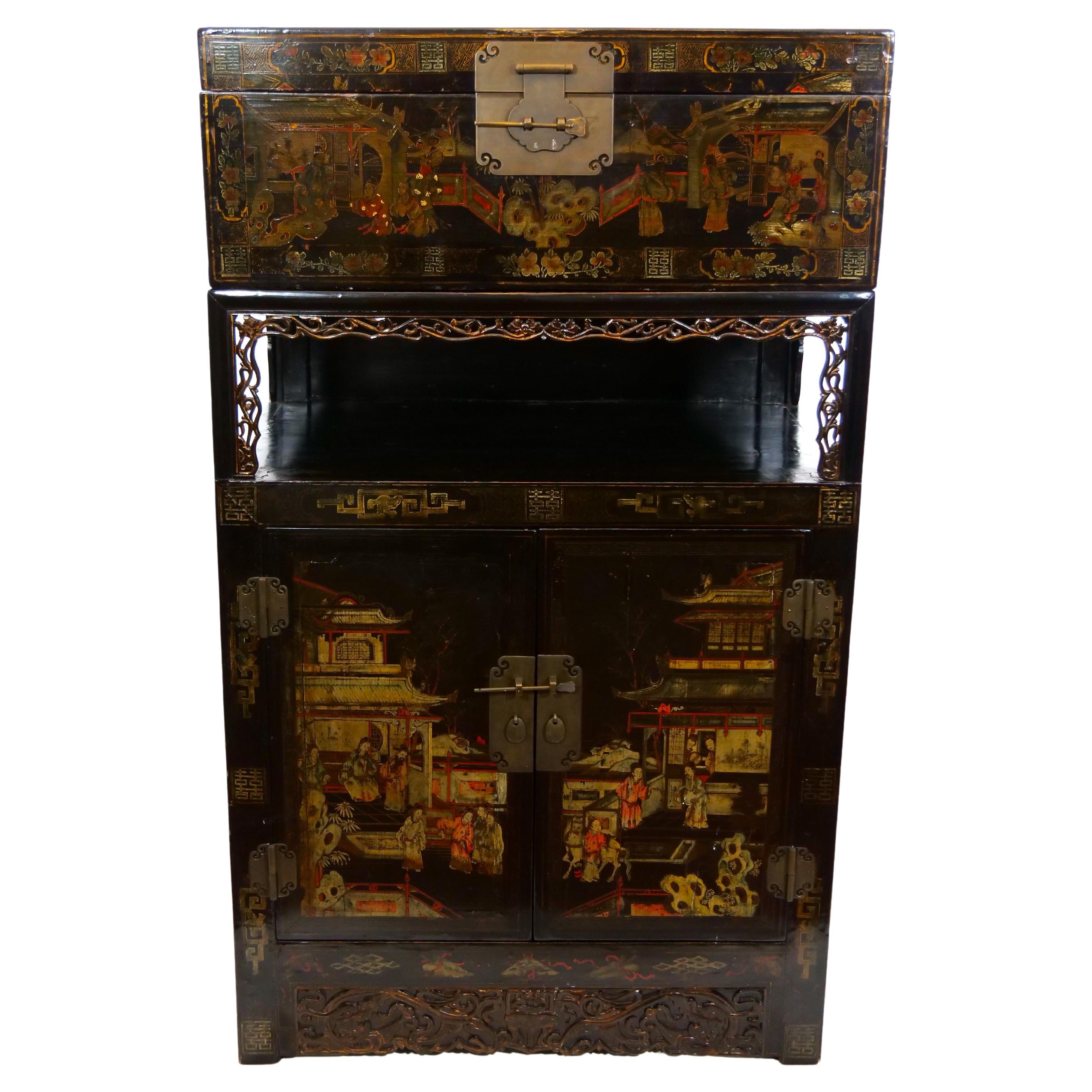 Hand Painted Black Lacquered Two Piece Cabinet