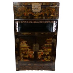 Hand Painted Black Lacquered Two Piece Cabinet