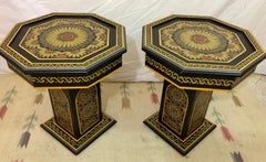 Moroccan End, Side or Lamp Tables Hand Painted in Black and Gold, a Pair