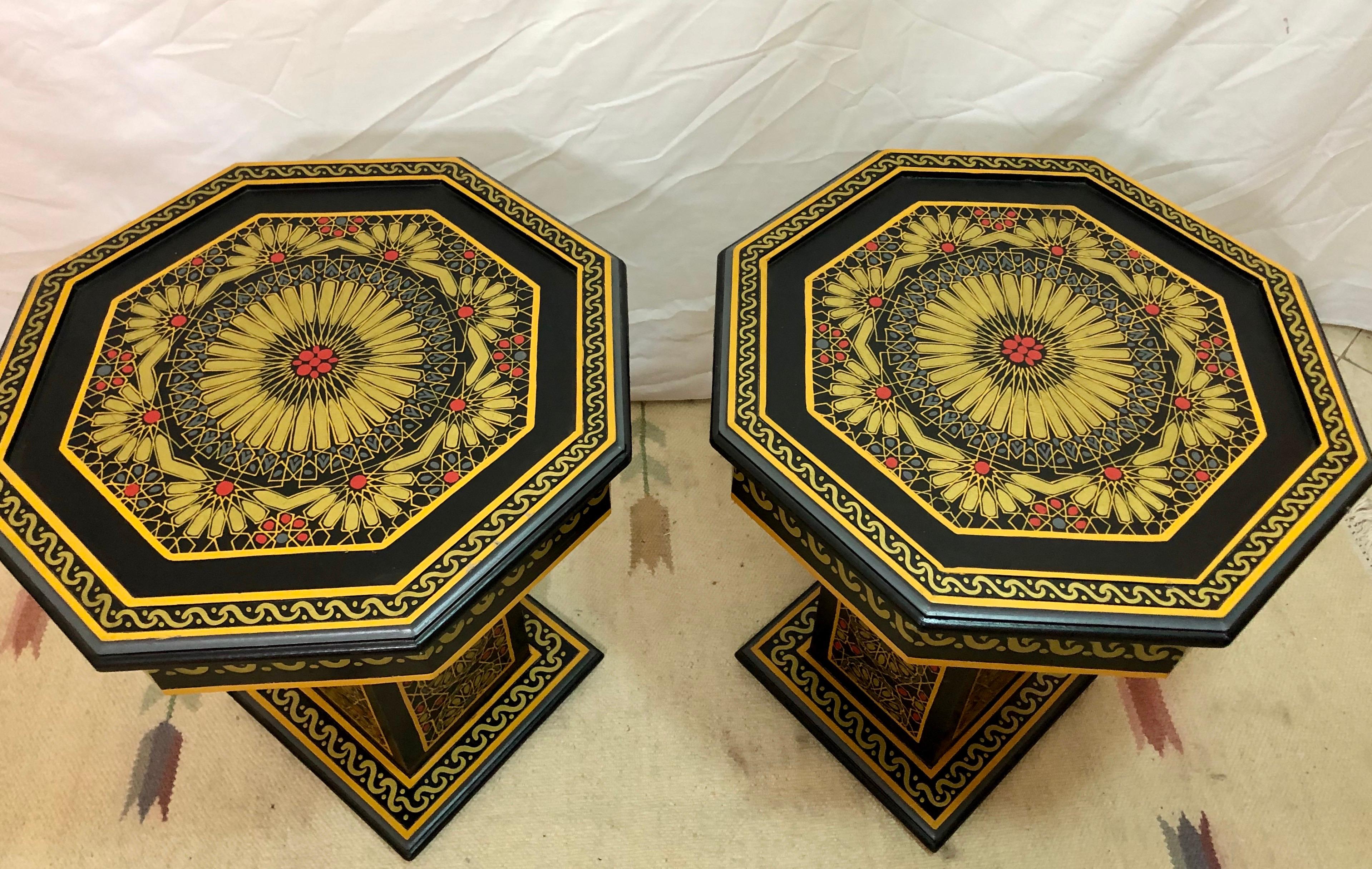 Wood Moroccan End, Side or Lamp Tables Hand Painted in Black and Gold, a Pair For Sale