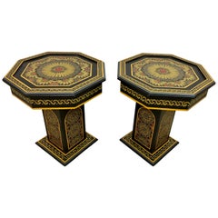 Moroccan End, Side or Lamp Tables Hand Painted in Black and Gold, a Pair