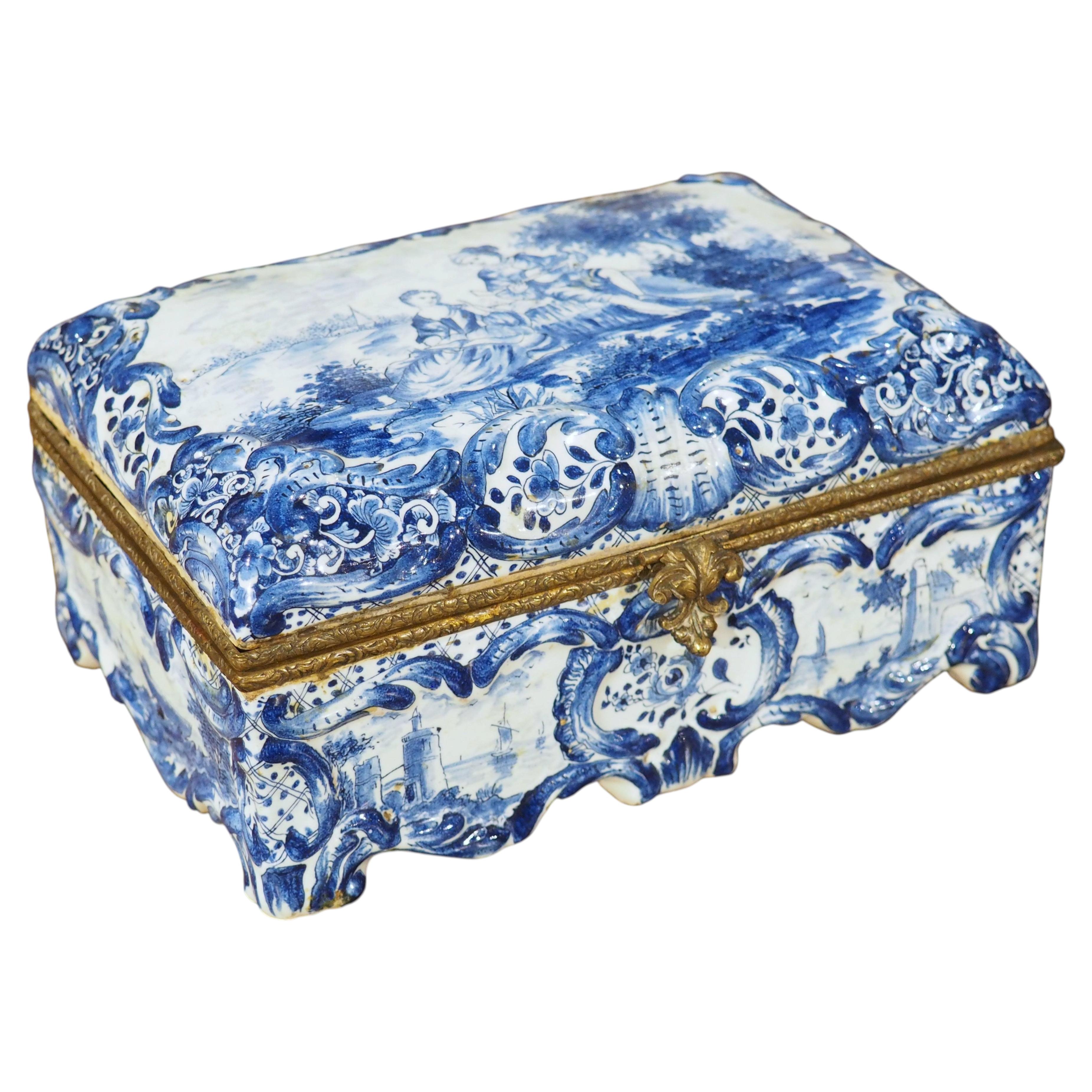 Hand Painted Blue and White Delft Table Box, Circa 1850