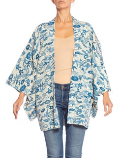 Hand Painted Blue And White Floral Japanese Silk Kimono