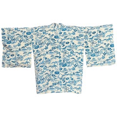 Hand Painted Blue And White Floral Japanese Silk Kimono