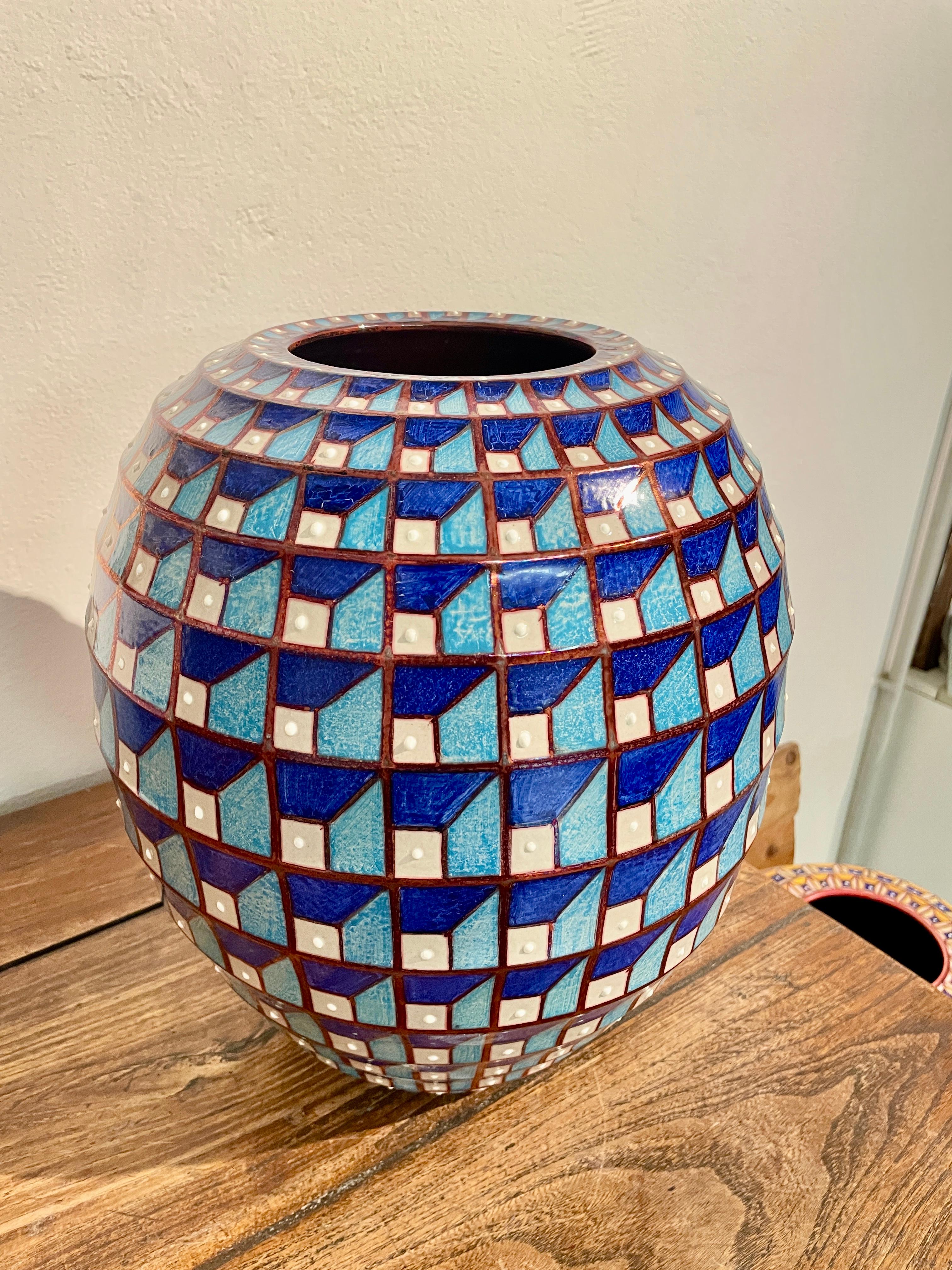 Classical Roman Hand Painted  Blue Ceramic Vase by Bottega Vignoli Italy Contemporary Majolica For Sale