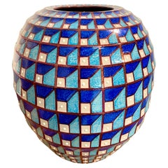 Hand Painted  Blue Ceramic Vase by Bottega Vignoli Italy Contemporary Majolica