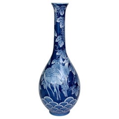 Blue Japanese Hand-Painted Porcelain Vase by Master Artist
