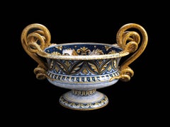 Hand Painted Blue Majolica Handles Bowl Centerpiece Ornament Renaissance Deruta