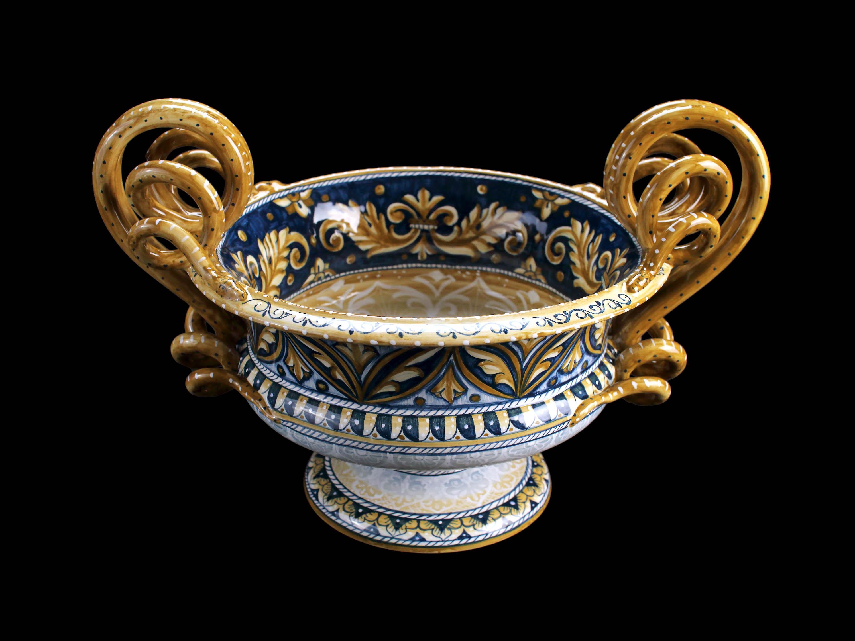 Hand-Carved Hand Painted Blue Majolica Handles Bowl Centerpiece Ornament Renaissance Deruta For Sale