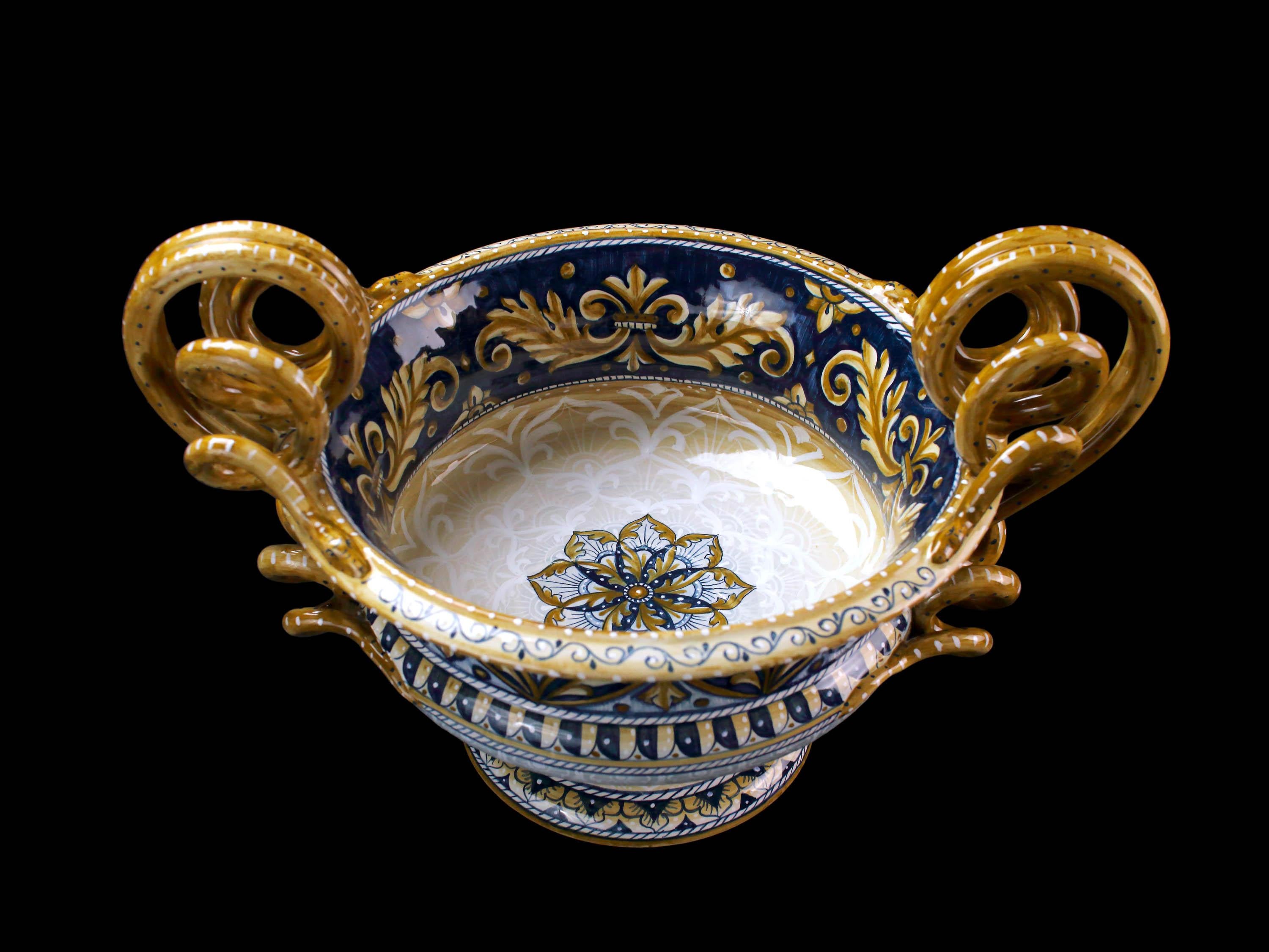 Ceramic Hand Painted Blue Majolica Handles Bowl Centerpiece Ornament Renaissance Deruta For Sale