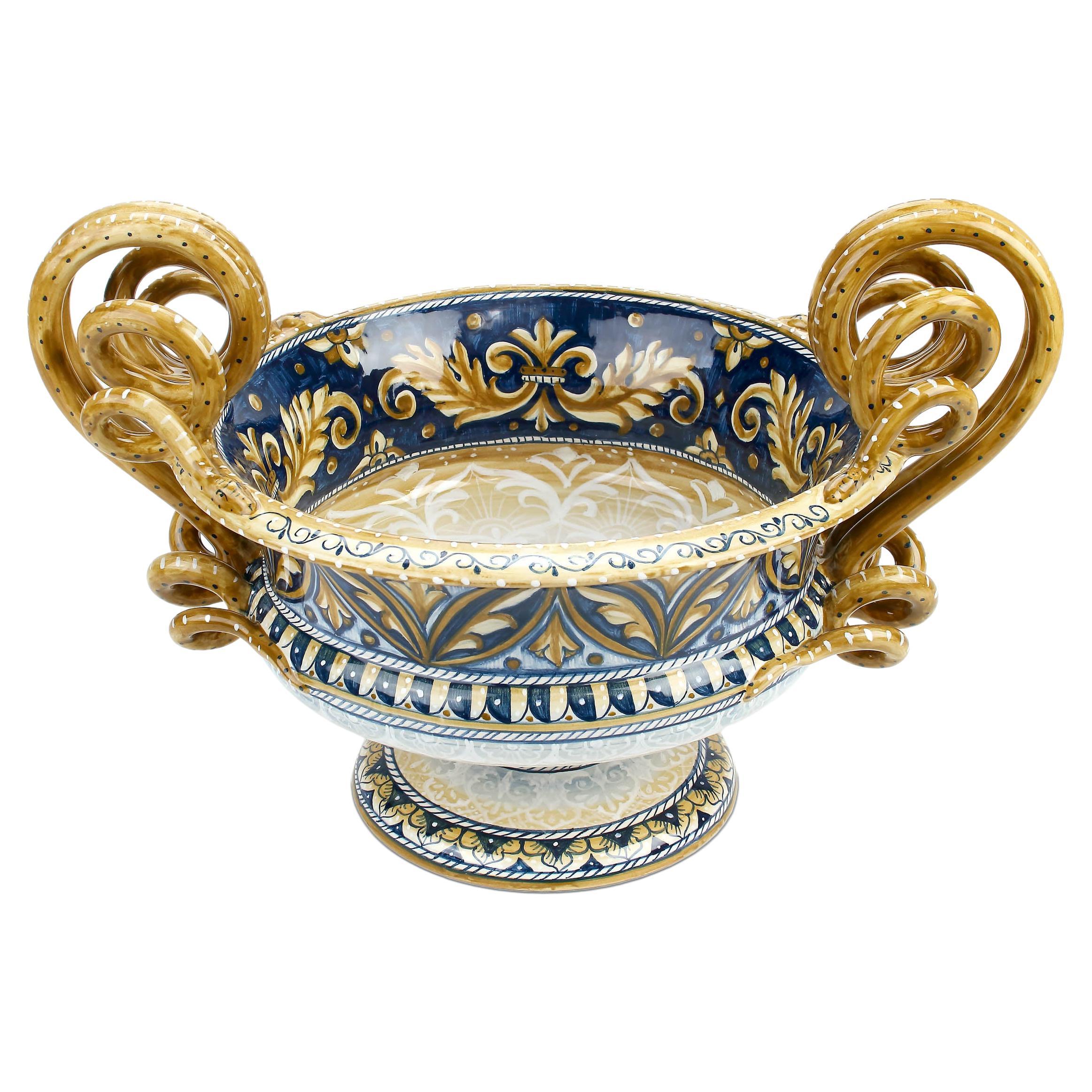 Hand Painted Blue Majolica Handles Bowl Centerpiece Ornament Renaissance Deruta For Sale