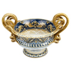 Hand Painted Blue Majolica Handles Bowl Centerpiece Ornament Renaissance Deruta